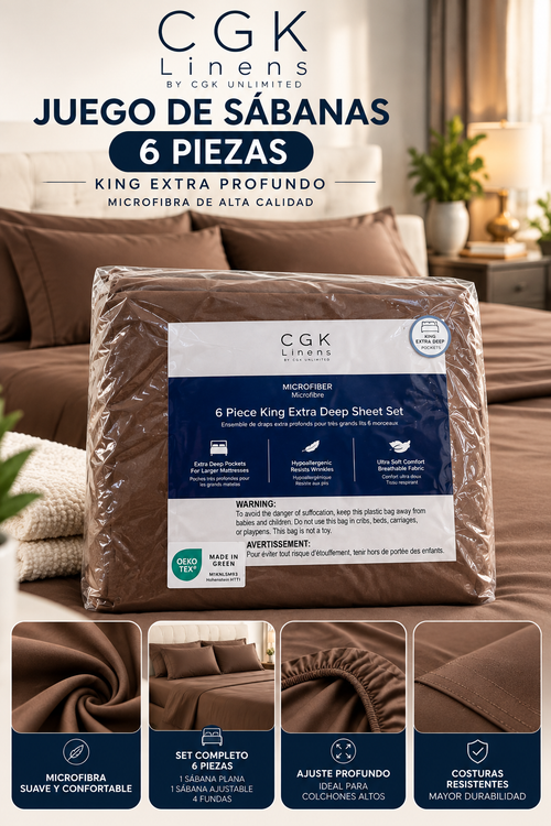 Juego de Sábanas CGK Linens King Extra Profundo de 6 Piezas – Microfibra Suave, Color Café