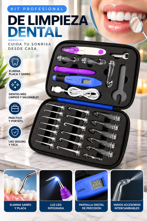 Kit de Limpieza Dental Eléctrico con Pantalla Digital y Accesorios Intercambiables – Set de Higiene Bucal con Estuche Portátil