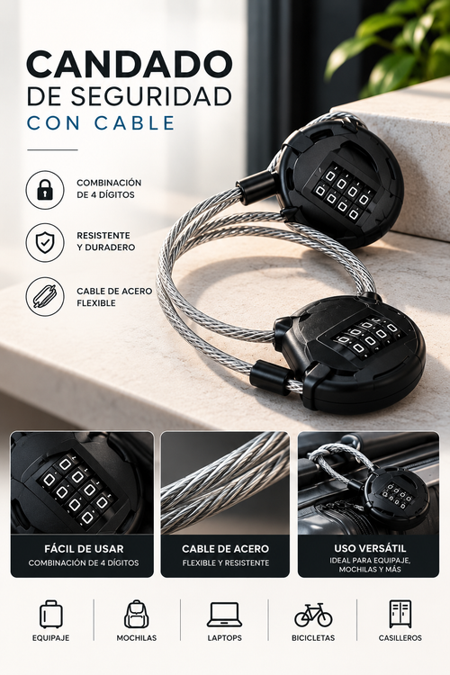 Candado de Seguridad con Cable de Acero y Combinación de 4 Dígitos – Ideal para Equipaje, Mochilas y Accesorios