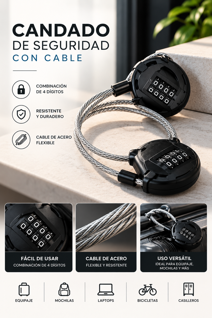 Candado de Seguridad con Cable de Acero y Combinación de 4 Dígitos – Ideal para Equipaje, Mochilas y Accesorios