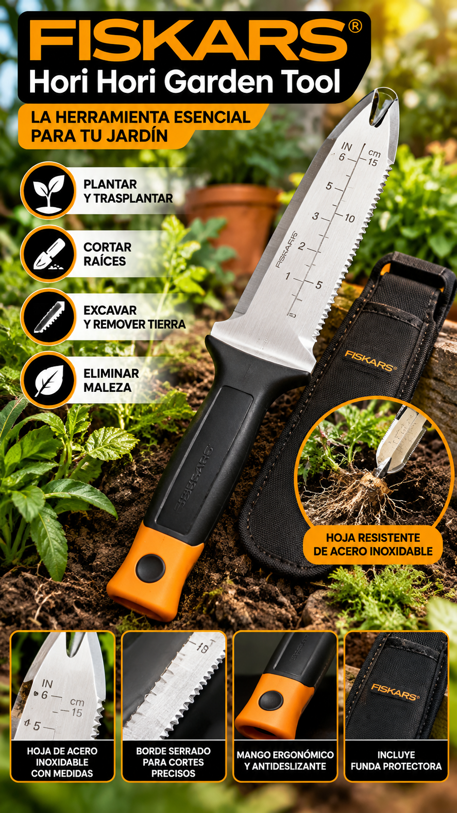 Herramienta de Jardinería Fiskars Hori Hori de Acero Inoxidable con Borde Serrado y Funda Protectora