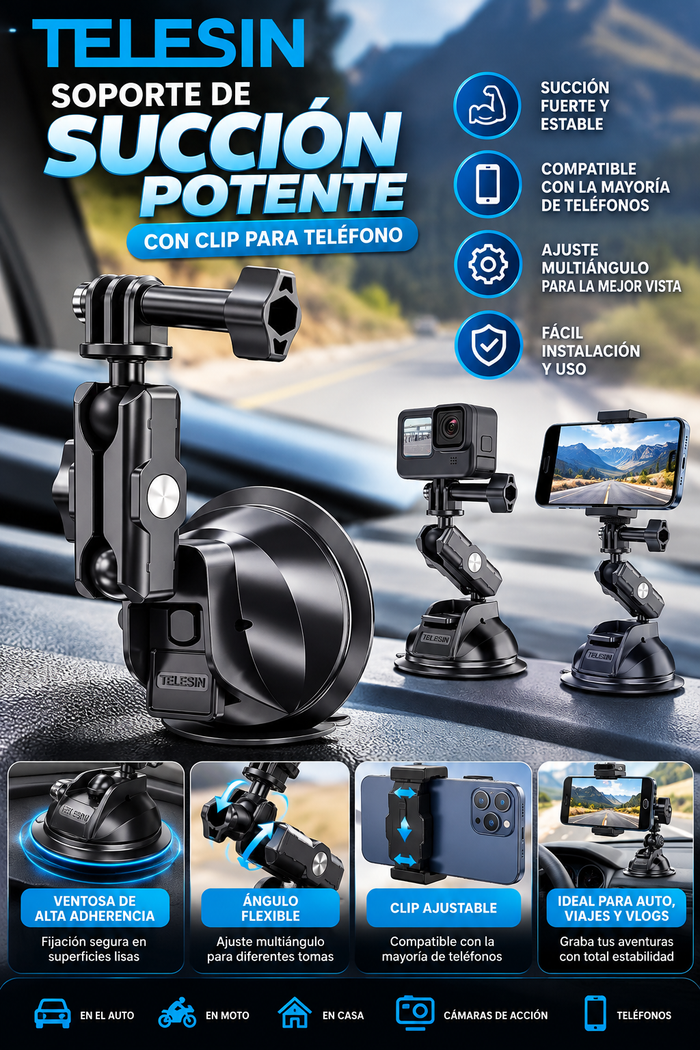 TELESIN Power Suction Cup Mount – Soporte de Ventosa de Alta Adherencia con Clip para Celular y Cámaras de Acción | Ajustable Multiángulo