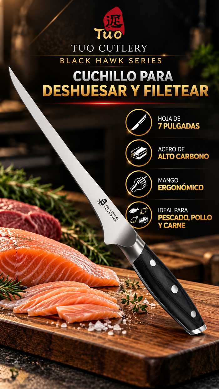 Cuchillo Profesional TUO Black Hawk de 7 Pulgadas para Deshuesar y Filetear con Mango Ergonómico y Caja de Presentación