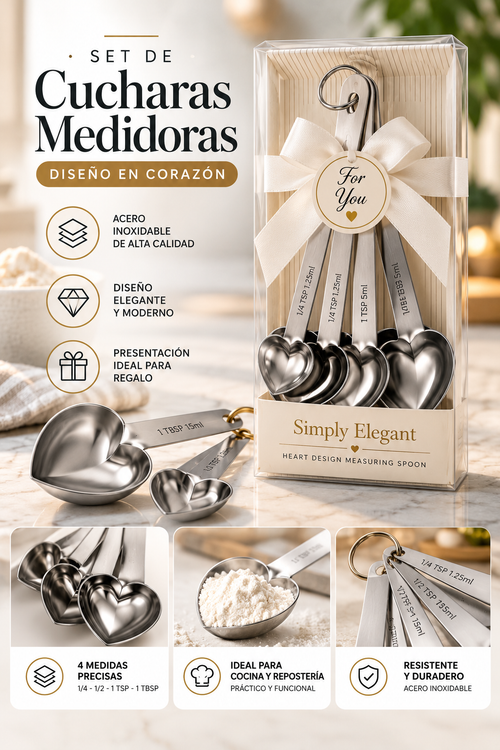 Set de 4 Cucharas Medidoras de Acero Inoxidable en Forma de Corazón – Simply Elegant, Ideal para Cocina y Repostería