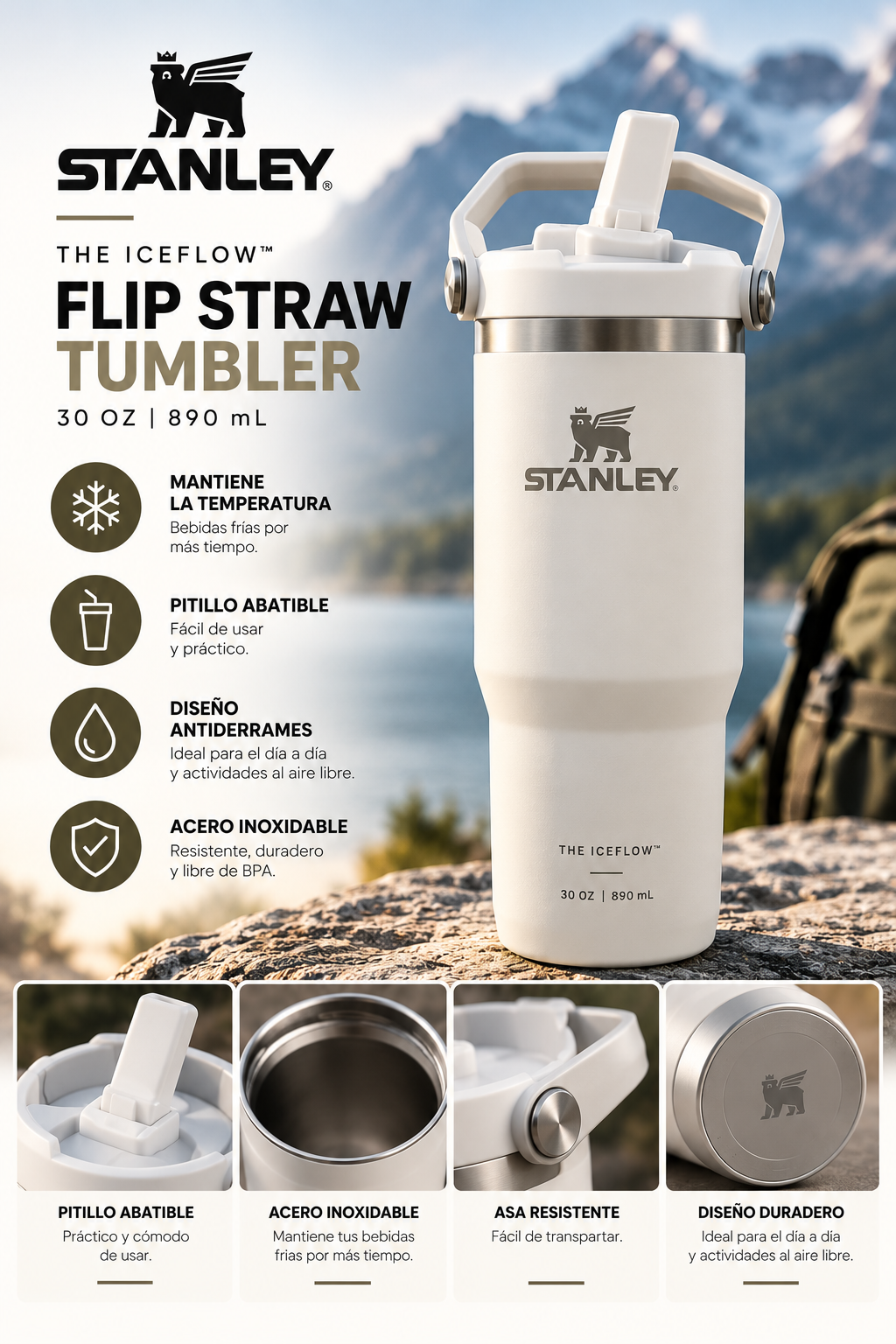 Stanley The IceFlow Flip Straw Tumbler 30 oz (890 ml) – Termo de Acero Inoxidable con Pajilla Abatible y Asa de Transporte – Color Blanco