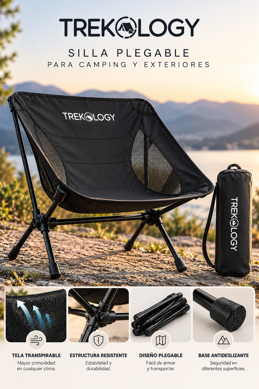 Silla Plegable TREKOLOGY para Camping y Exteriores – Portátil con Bolsa de Transporte