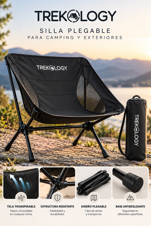 Silla Plegable TREKOLOGY para Camping y Exteriores – Portátil con Bolsa de Transporte