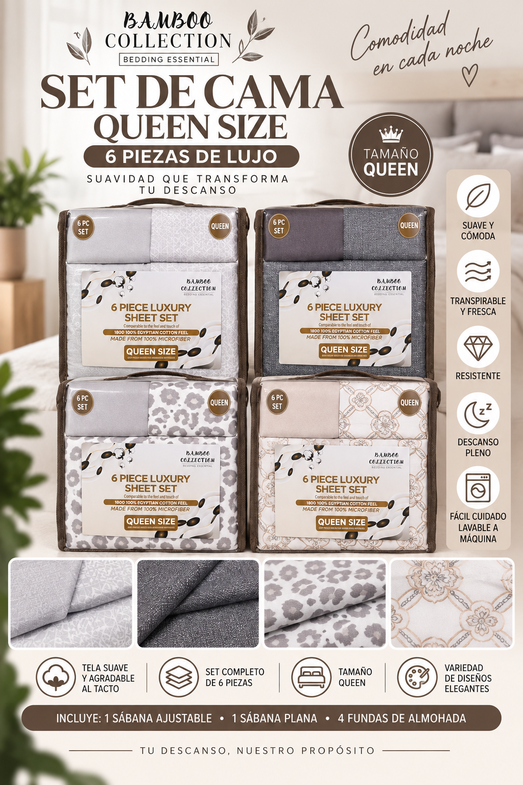 JUEGO DE SÁBANAS QUEEN SIZE DE 6 PIEZAS – BAMBOO COLLECTION