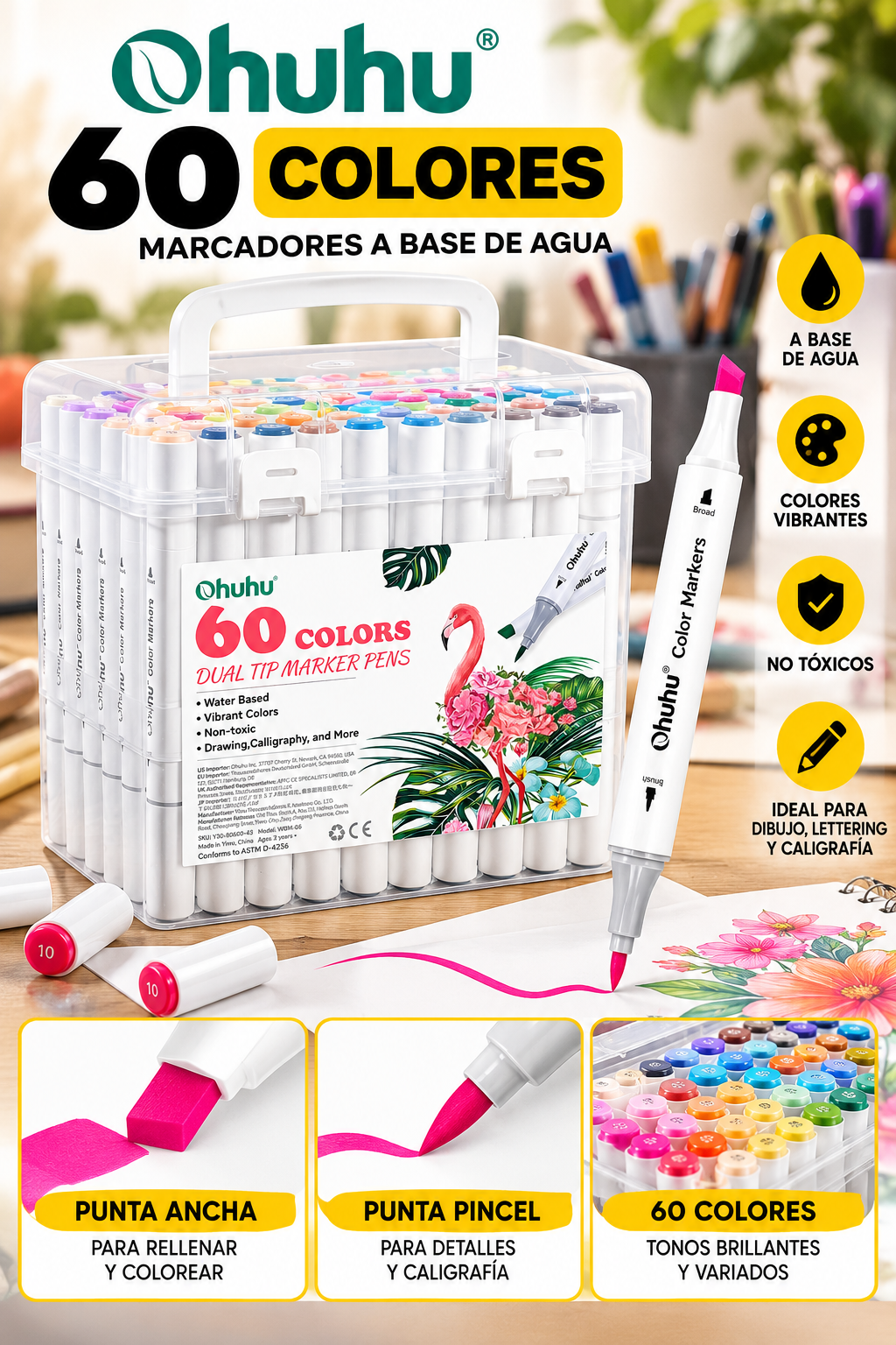 Set de 60 Marcadores Ohuhu de Doble Punta a Base de Agua – Punta Pincel y Ancha con Estuche Organizador