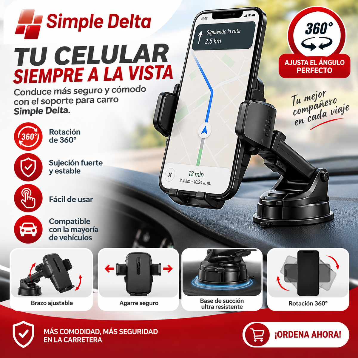 Soporte para Celular de Carro Simple Delta con Rotación 360°