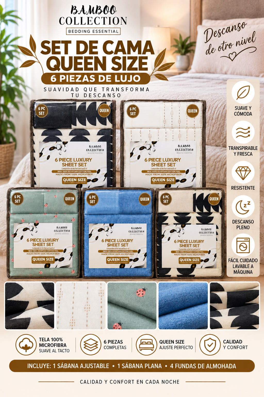 JUEGO DE SÁBANAS QUEEN SIZE DE 6 PIEZAS – BAMBOO COLLECTION