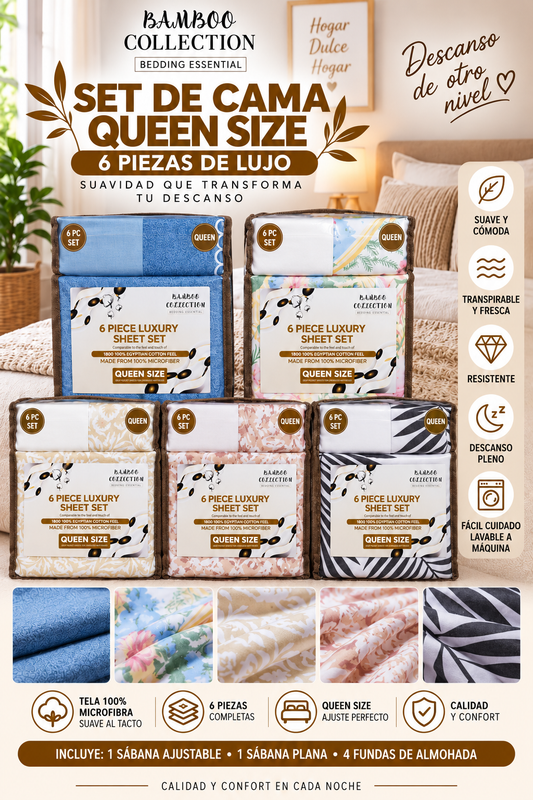 JUEGO DE SÁBANAS QUEEN SIZE DE 6 PIEZAS – BAMBOO COLLECTION