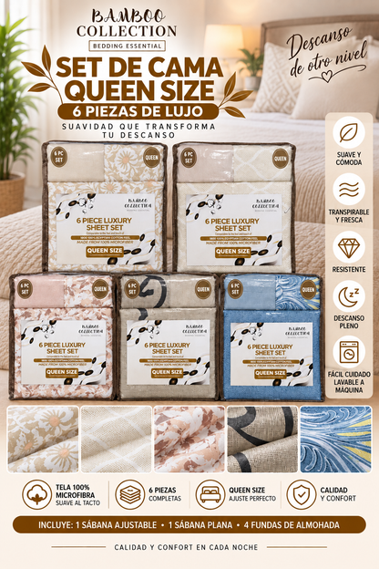 JUEGO DE SÁBANAS QUEEN SIZE DE 6 PIEZAS – BAMBOO COLLECTION