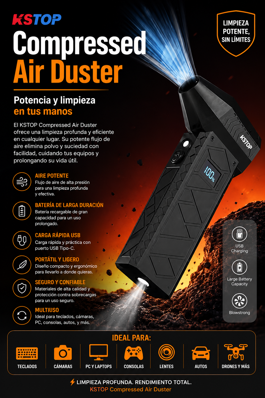HSTOP Compressed Air Duster – Soplador Eléctrico Recargable de Alta Potencia