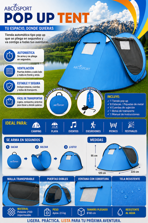 ABCO SPORT Pop Up Tent – Carpa Automática para 2 Personas - Azul