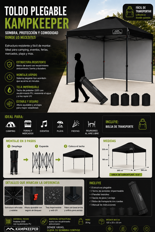 KAMPKEEPER 3mts × 3mts – Toldo Canopy Plegable